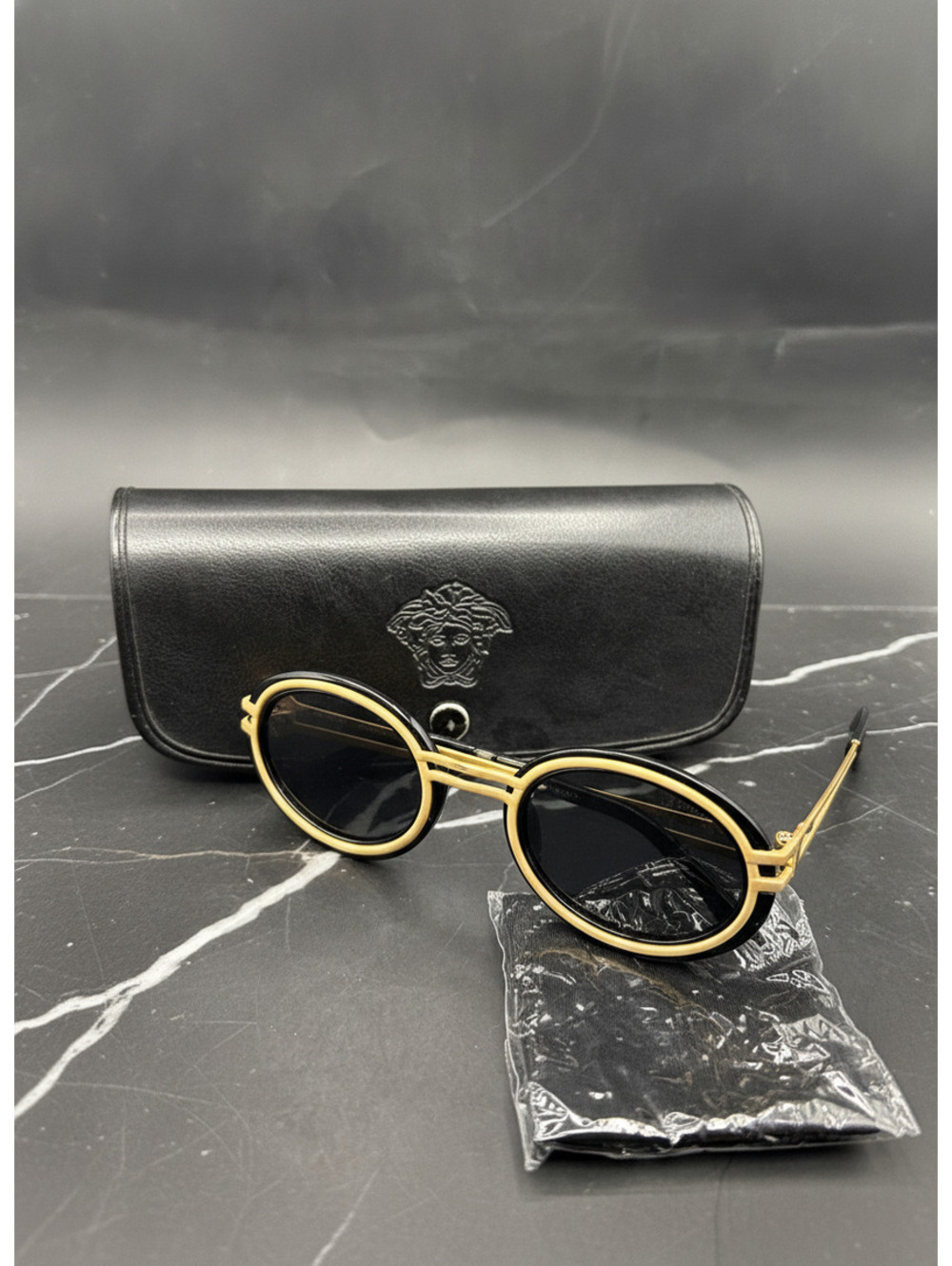 Gianni Versace Vintage Oval Gold Frame Sunglasses Black Lenses Italy Medusa